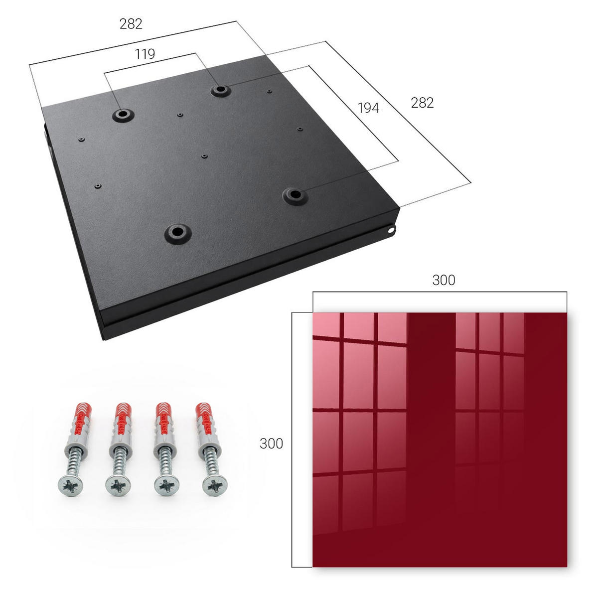 SCHLÜSSELBOX Schwarz 30x30 cm- Türöffnung nach rechts - Kräftiges Burgunderrot - Bordeaux, Metall (30/30/5cm) - TULUP