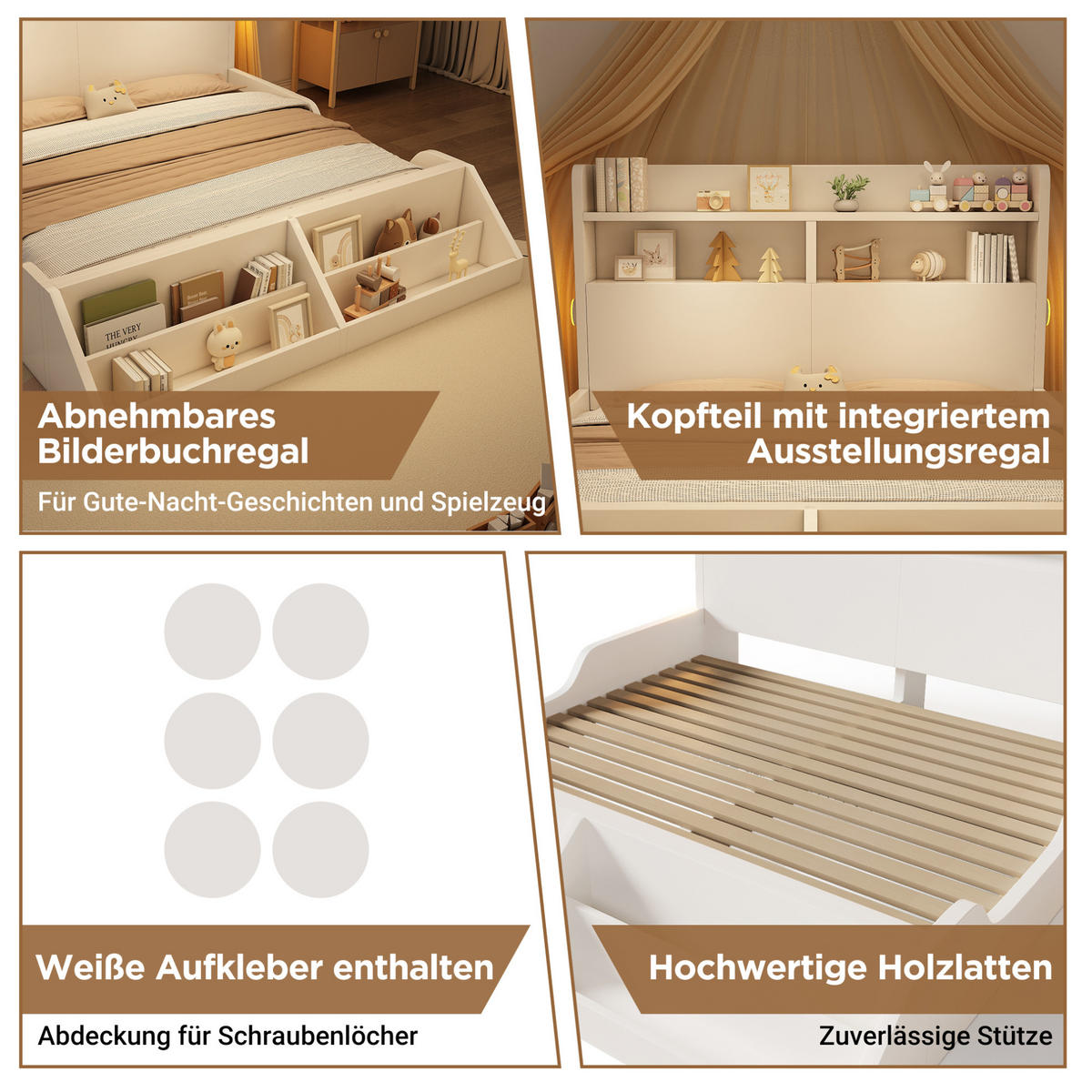 KINDERBETT 140/200 cm in Weiß mit Nachtlichtern und abnehmbarem Bücherregal - Weiß, Holz (140/200cm) - Flora Grace