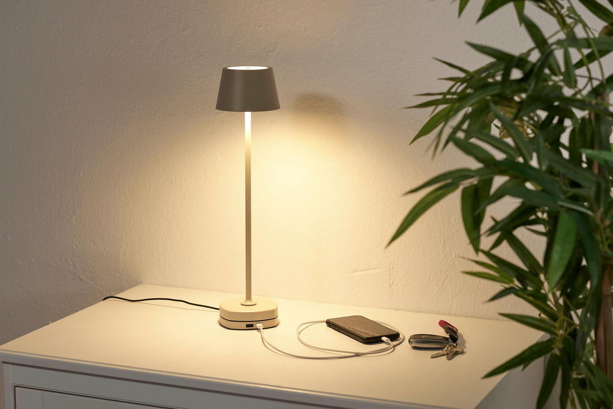 LED-AKKU Tischlampe mit Ladestation Ø 11 x 45 cm stufenlos dimmbar für Innen und Außen beige - Beige, Kunststoff (11/11/45cm) - Northpoint