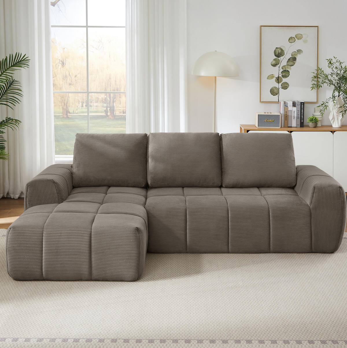 ECKSOFA mit segmentierter Polsterung, Taschenfederkern und abnehmbaren Kissen, Taupe - Taupe, Textil (255/162cm) - Redom