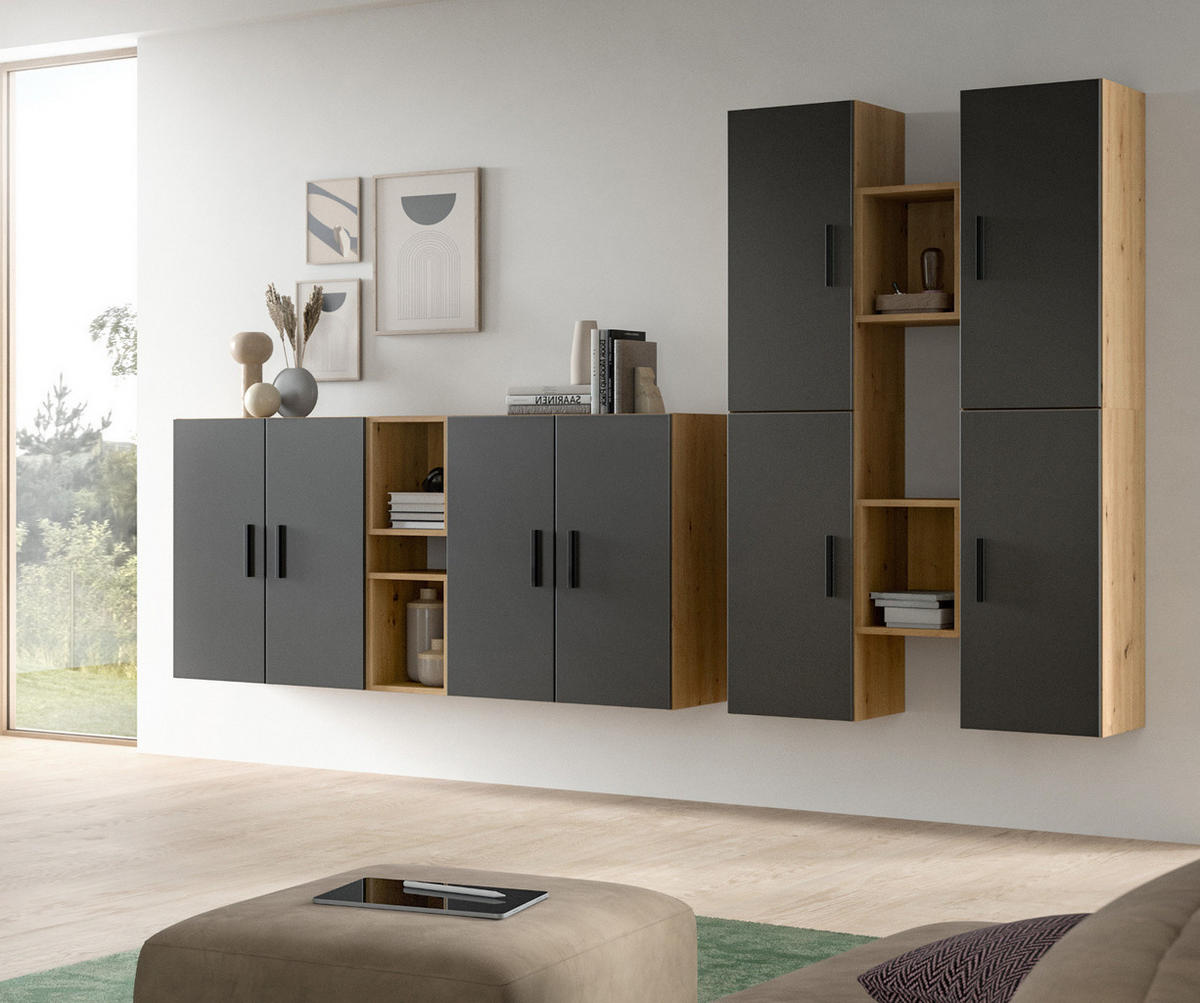 WOHNWAND grau, Eiche Artisan 259 x 184 cm, Wohnkombination hängend / stehend - Schwarz/Eiche Artisan, Holzwerkstoff/Kunststoff (259/151/34cm) - Inn.Furn