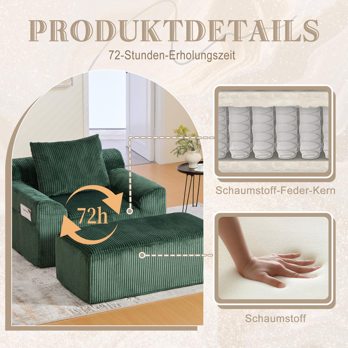 RELAXSESSELSET Übergroßer Loungesesselmit Fußhocker,Cord,Grün - Grün, Textil (110/87/147cm) - LVHOM