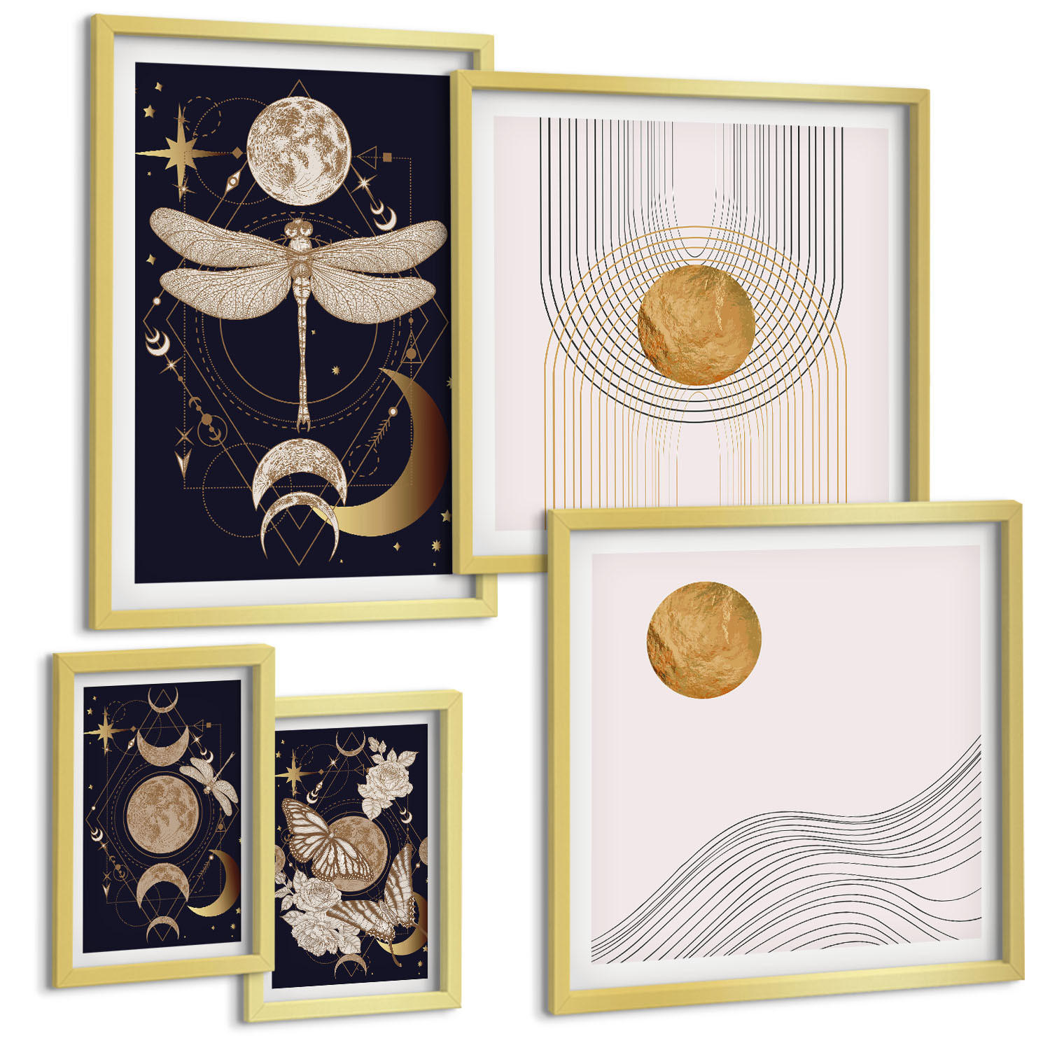 BILDER SET 5er Set - 50x50 cm & 20x30 cm & 40x60 cm Goldrahmen - Naturmotive mit dem Mond - Goldfarben, Kunststoff (40/60cm) - TULUP