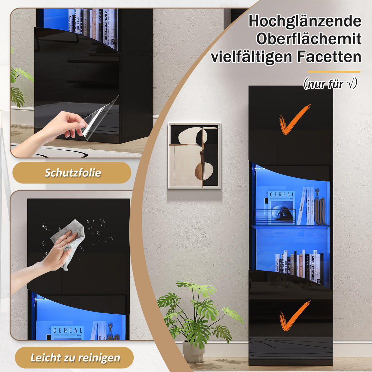 VITRINE LED Hochglanz Vitrinenschrank Wellenoptik 165cm Schwarz - Schwarz, Holzwerkstoff (35/165/50cm) - FLIEKS