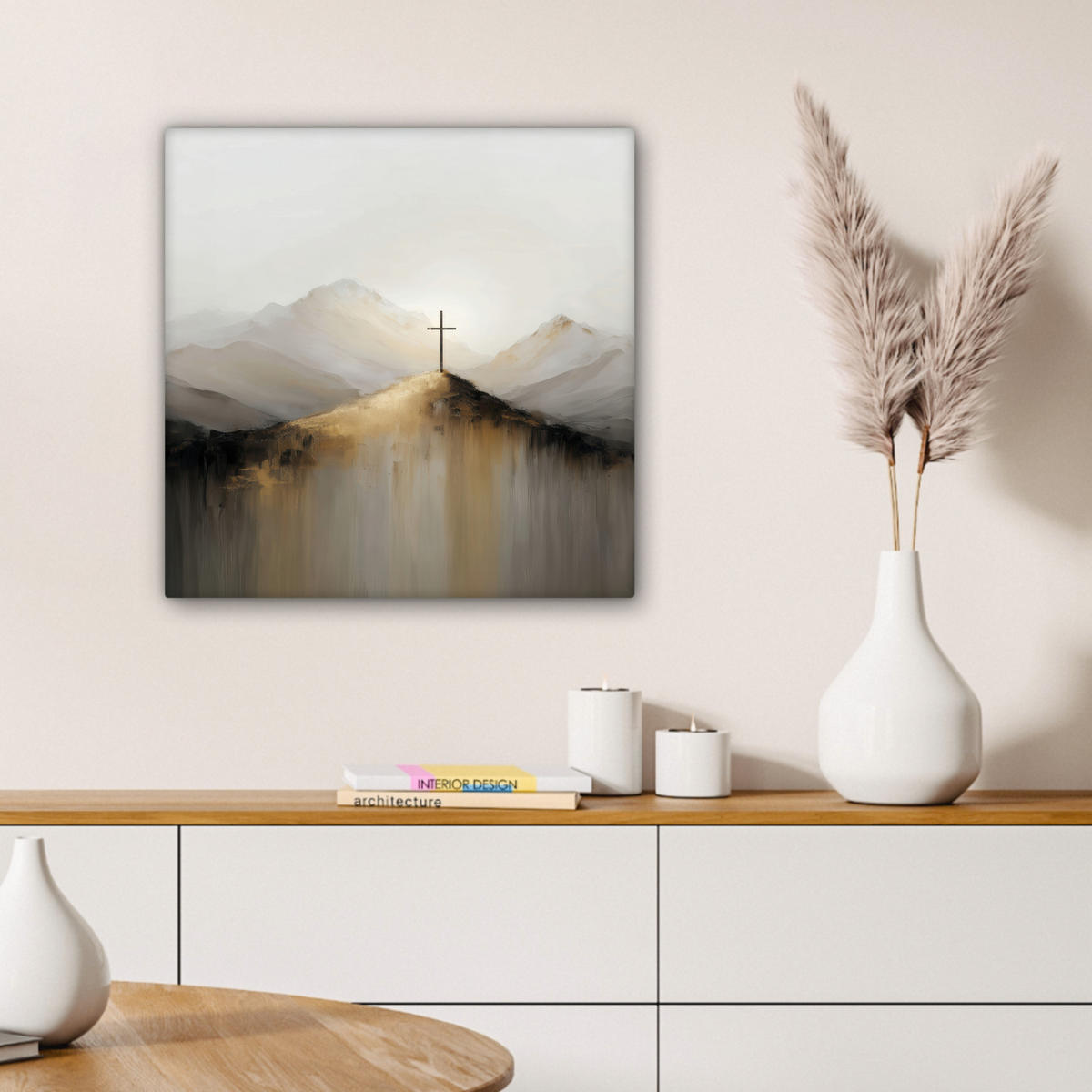 LEINWANDBILD Hügel - Abstrakt - Kreuz - Christentum Wandbild Wohnzimmer 50x50 cm - Beige, Textil (50/50cm) - MuchoWow