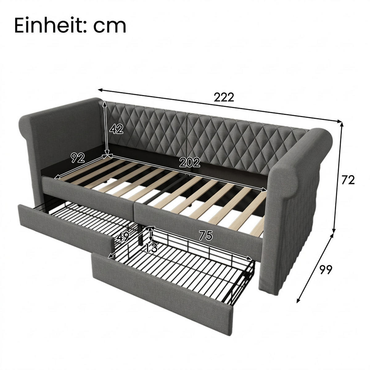 POLSTERBETT 90/200 cm Grau mit 2 Schubladen, Ohne Matratze - Grau, Textil (90/200cm) - Oxeza
