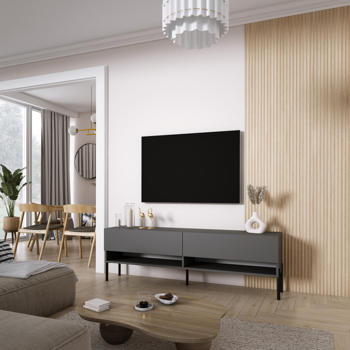 TV-LOWBOARD 170 cm Anthrazit, gerade schwarze Beine, 170 × 32 × 52 cm - Grau, Holzwerkstoff (170/52/32cm) - 3XE LIVING
