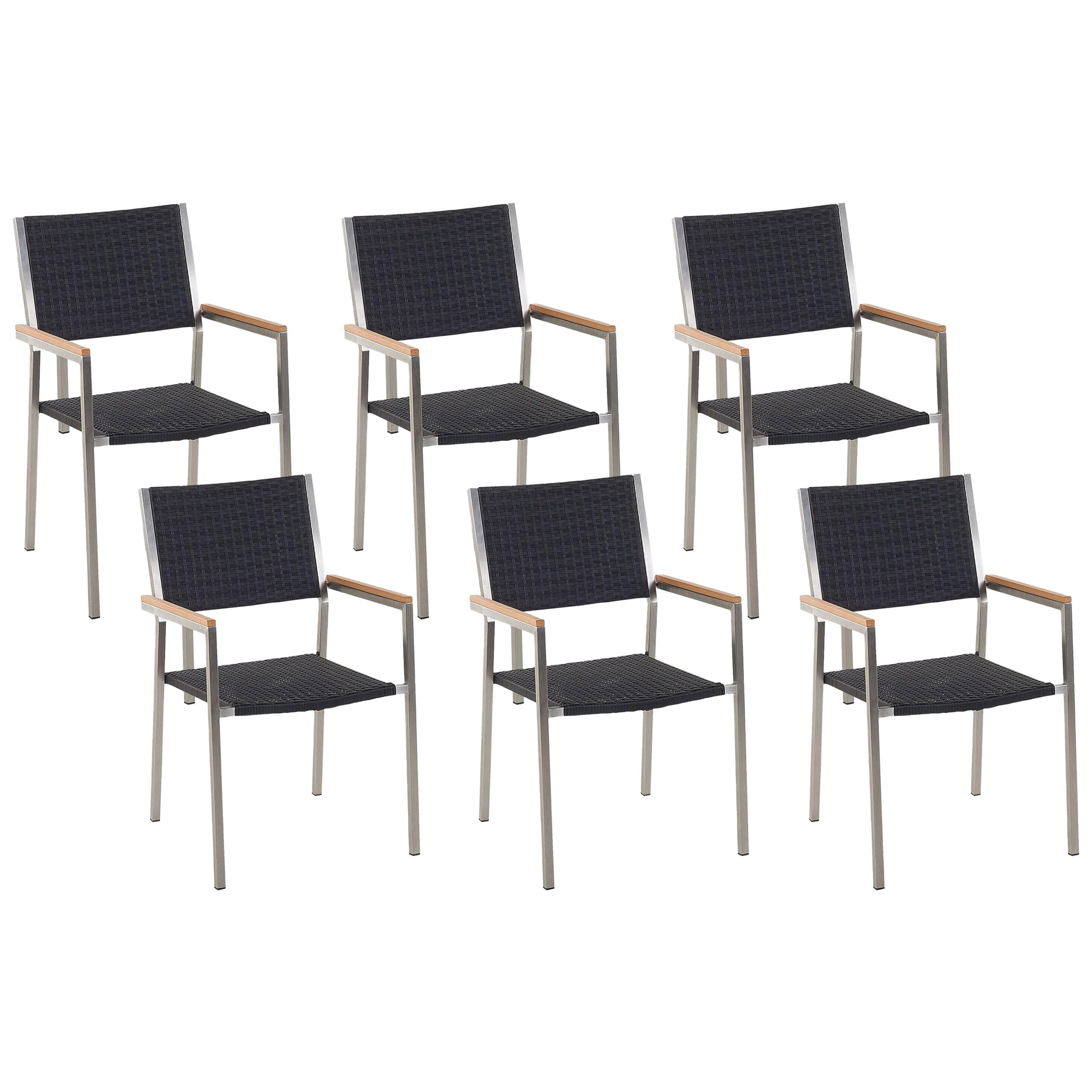 GARTENSTUHL 6er-Set Rattan Edelstahl Grosseto - Silberfarben/Schwarz, Kunststoff (55/87/58cm) - Beliani