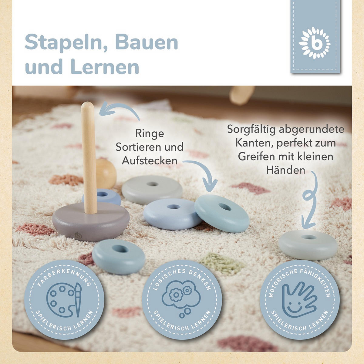 STAPELTURM Holz - ab 12 Monate - Blau, Holz (9/9cm) - Bieco Spielwaren