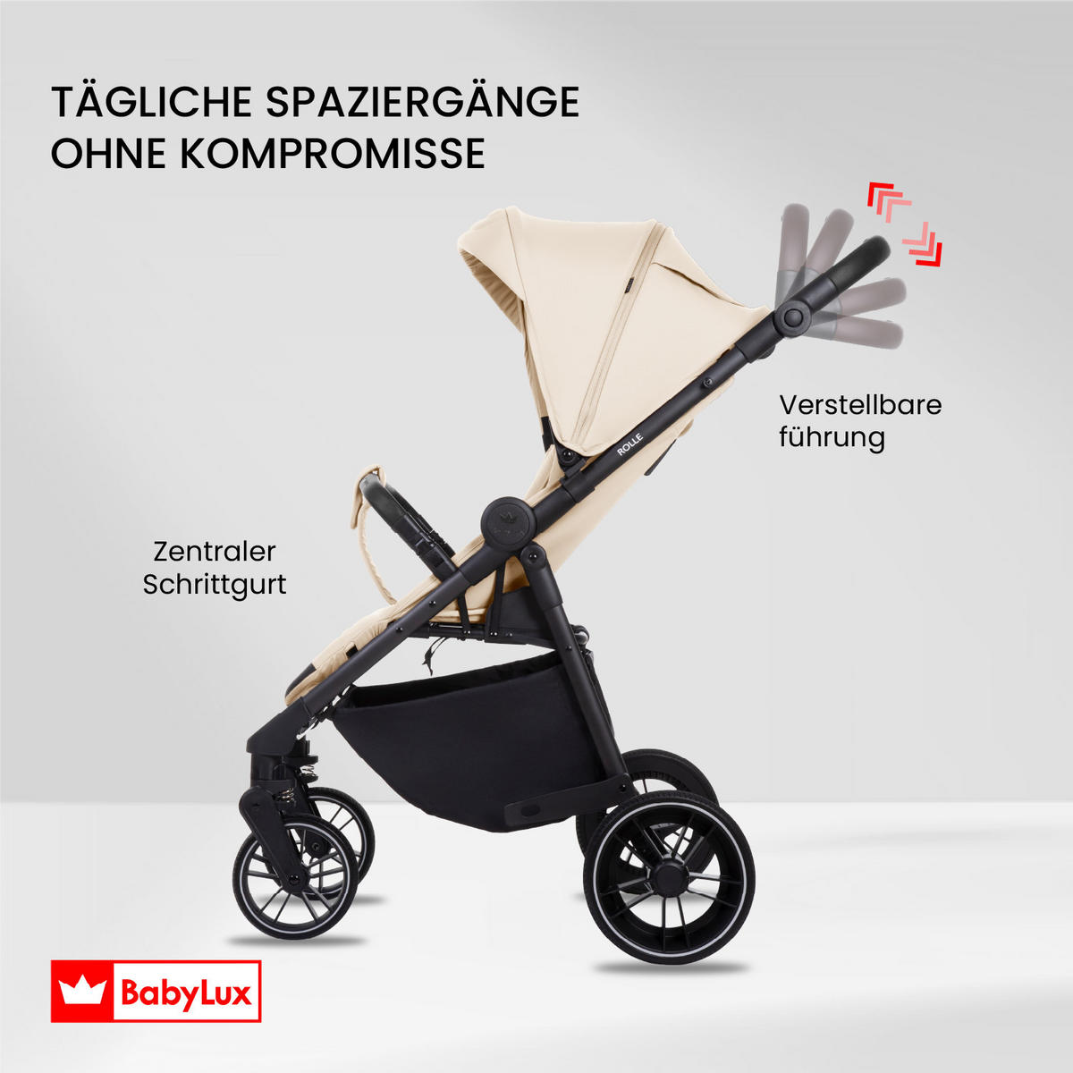 BUGGY Rolle, Klein und Leicht, Teleskopische Führung, Kompakt Faltbar, Wickeltasche, Reisetasche - Beige/Schwarz, Textil/Metall (58/98cm) - BabyLux