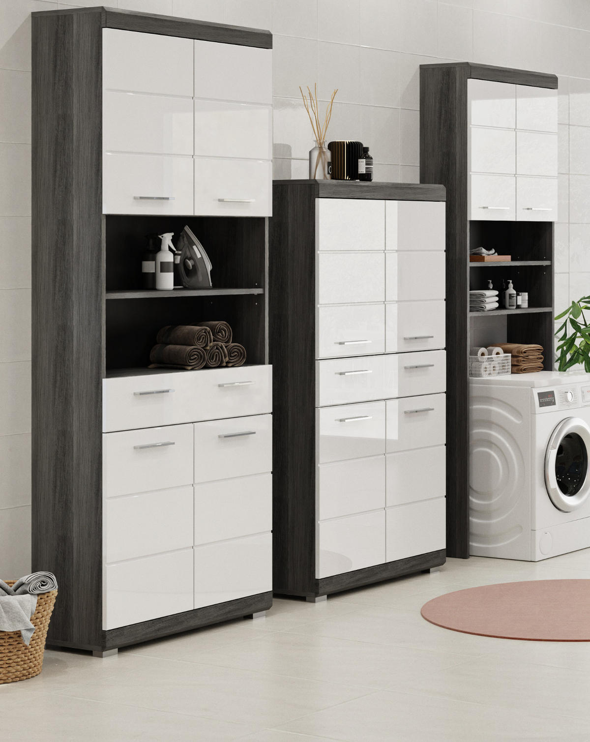 MIDISCHRANK weiß Hochglanz, grau 74 cm, Badschrank 4-türig - Weiß Hochglanz/Silberfarben, Holzwerkstoff/Kunststoff (74/141/31cm) - Inn.Furn