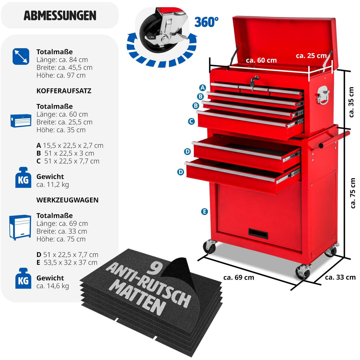 WERKZEUGWAGEN ,Rollen Ø 100 mm,rot - Rot, Metall (33/110/69cm) - tectake