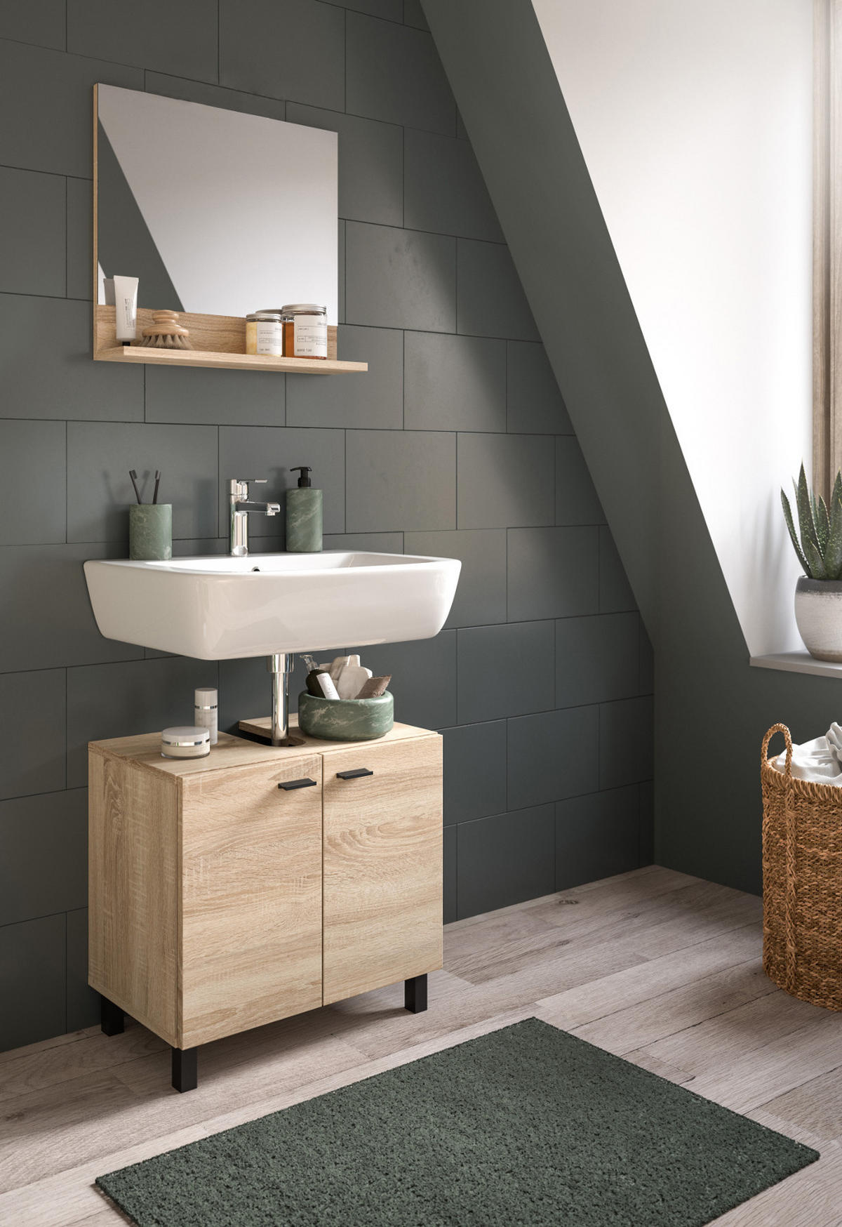 BADMÖBEL-SET Eiche 2-teilig 57 cm, Kombination hängend oder stehend - Eichefarben, Glas/Holzwerkstoff (57/186/33cm) - Inn.Furn