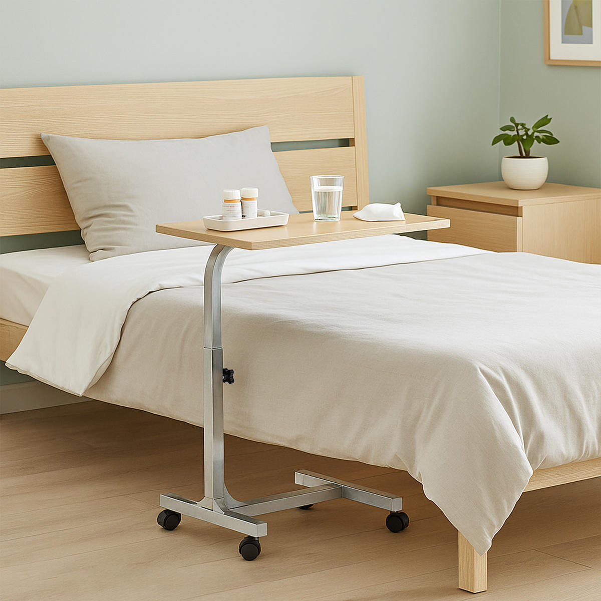 LAPTOP-BEISTELLTISCH, höhenverstellbar, mit 4 Rollen, für Bett und Sofa, Silber - Eichefarben, Holzwerkstoff/Metall (48/37/79cm) - Meubles Cosy
