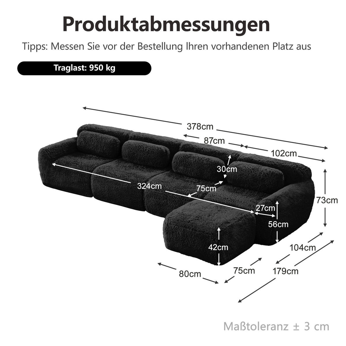 ECKSOFA 378/179/73 cm Schwarz Plüsch mit 1 Fußhocker und 2 kleinen Dekokissen - Schwarz, Textil (378/179cm) - Oxeza