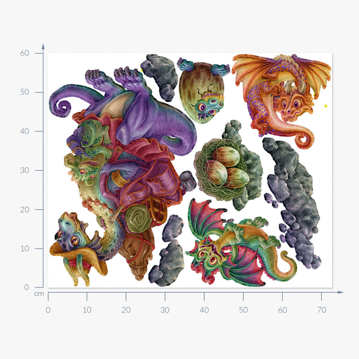 WANDAUFKLEBER 60x73cm - Drachenfamilie - Multicolor, Kunststoff (60/73/0.1cm) - Wallfluent