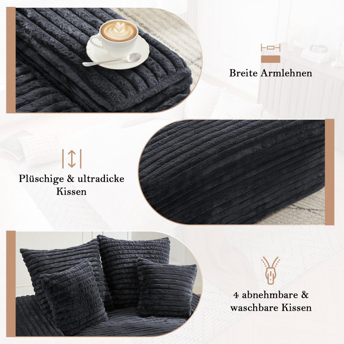 SCHLAFSOFA Luxus-Cord 4 Kissen montagefrei & platzsparend Grey - Dunkelgrau, Kunststoff (137/63/175cm)
