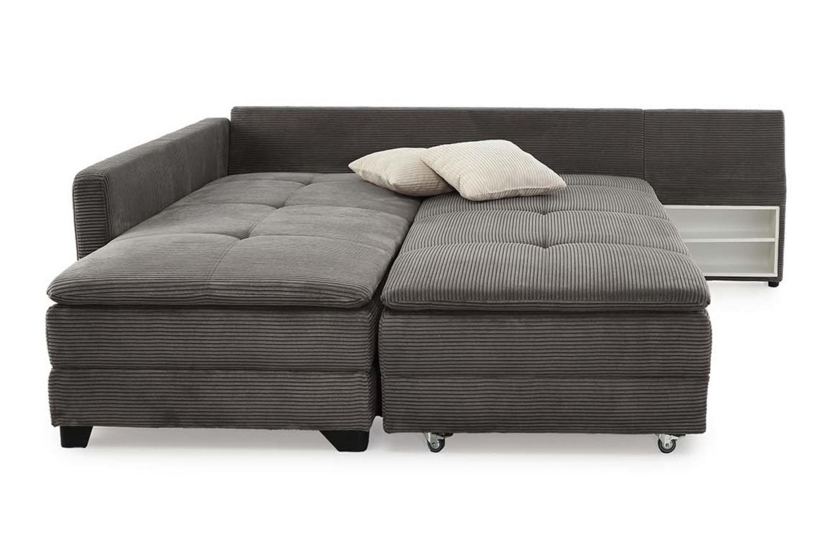 ECKSOFA-DAUERSCHLÄFER Doppelbett Boxspring Federkern Topper, seitenverkehrt montierbar 306/223/95 cm, Cord Grau Anthrazit / 15163 - Anthrazit/Schwarz, Kunststoff/Textil (306/223cm) - luma-home