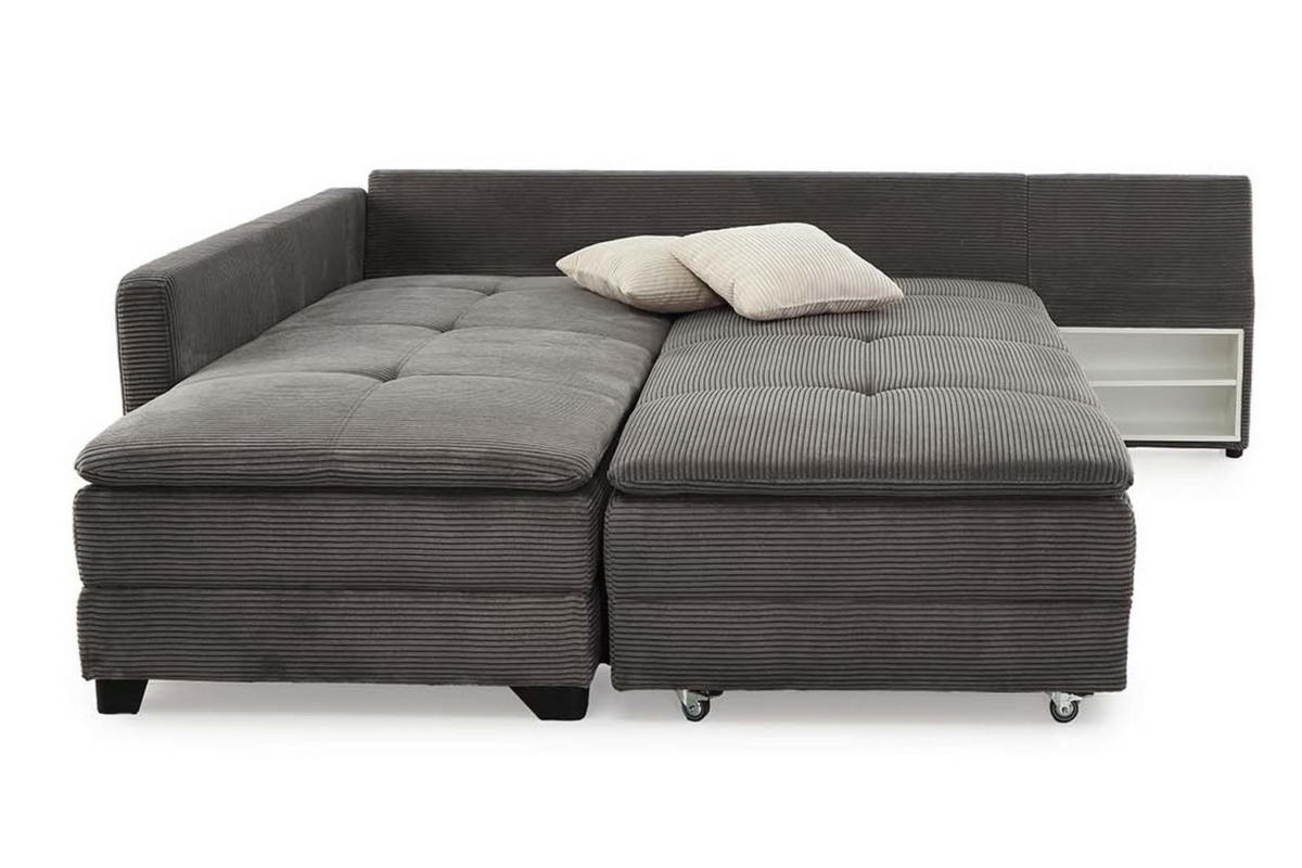 ECKSOFA-DAUERSCHLÄFER Doppelbett Boxspring Federkern Topper, seitenverkehrt montierbar B306/T223/H95 cm, Cord Grau Anthrazit / 15163 - Anthrazit/Schwarz, Kunststoff/Textil (306/223cm) - luma-home