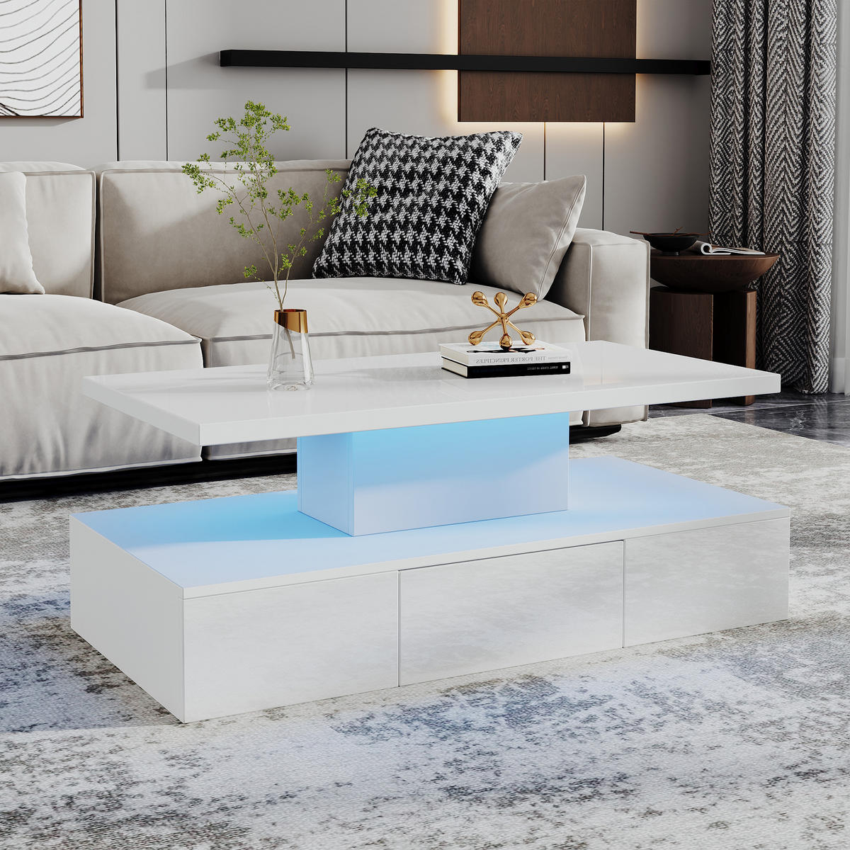COUCHTISCH LED Hochglanz Weiß 2-stufig mit Schublade 100x50cm - Weiß, Holzwerkstoff (100/50/39cm) - FLIEKS