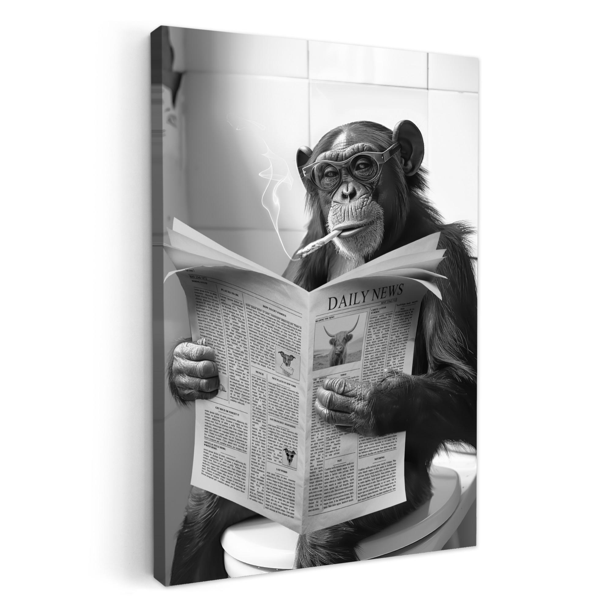 MuchoWow OBRAZ NA PLÁTNĚ Opice - WC - Noviny - Černobílé - Humor 60x90 cm