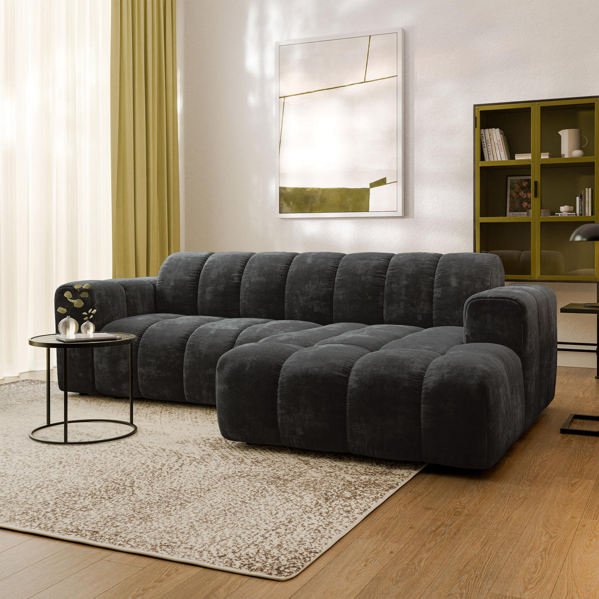 ECKSOFA TISI Schwarz Chenille - Schwarz, Holz (274/165cm) - MASSENO