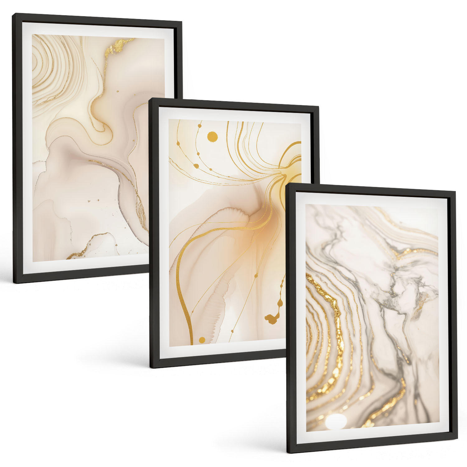BILDER SET 3er Set - 40x60 cm Schwarzer Rahmen - Subtile abstrakte Muster - Schwarz, Kunststoff (40/60cm) - TULUP