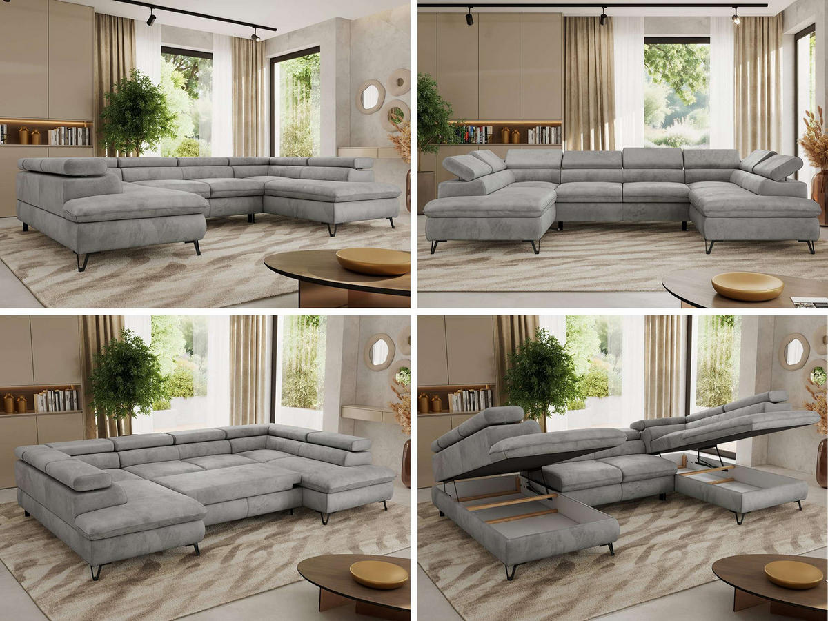 WOHNLANDSCHAFT PABLO U Velvet Hellgrau mit Topper Visco - Hellgrau/Schwarz, Textil/Metall (346/76/208cm) - MKS