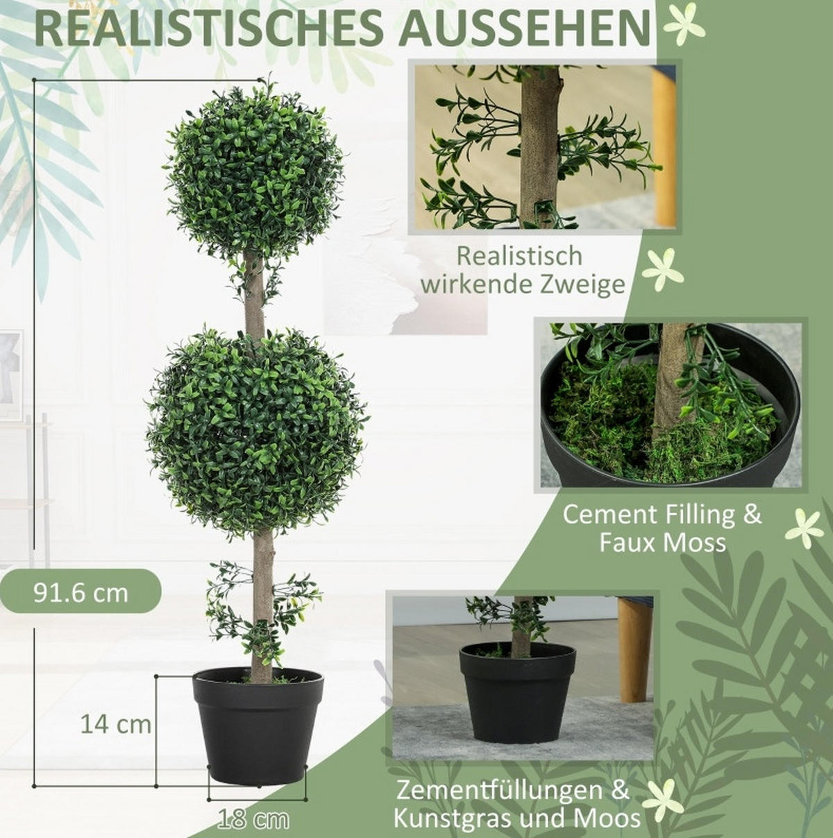 KUNSTPFLANZEN Buchsbaum 27/27/91,6 cm grün aus Kunststoff mit UV-Schutz - Grün, Kunststoff (91.6cm) - OKWISH