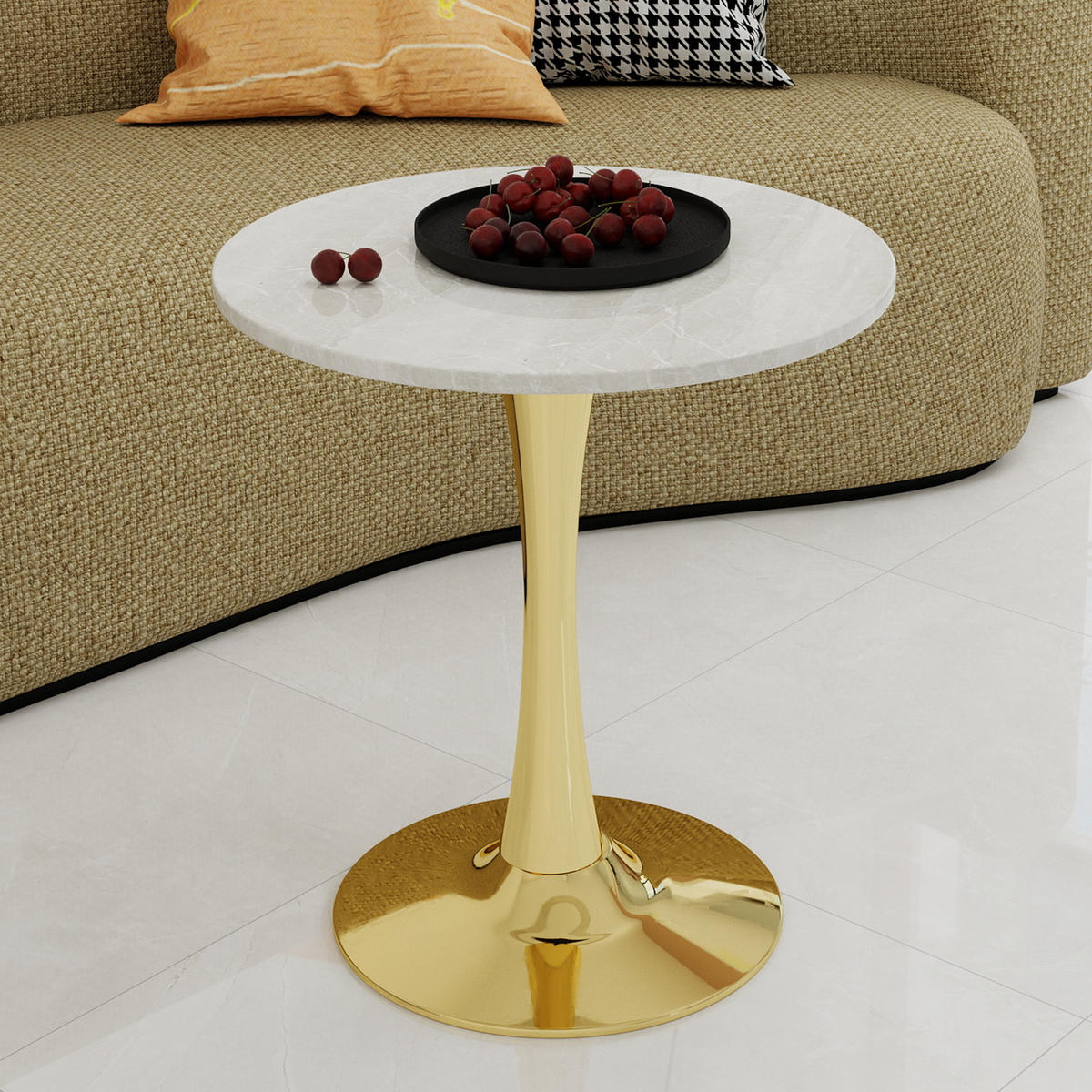 COUCHTISCH 70/70/72 cm Gold Weiß mit runder Kunstmarmorplatte im Minimal-Design - Goldfarben, Stein (70/70/72cm) - OKWISH