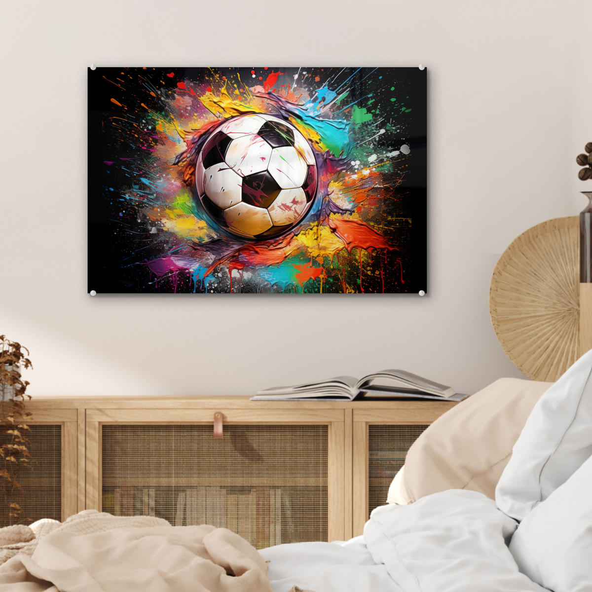 ACRYLGLASBILD Fußball - Farbe - Farben - Schwarz - Weiß 60x40 cm - Weiß, Glas (60/40cm) - MuchoWow