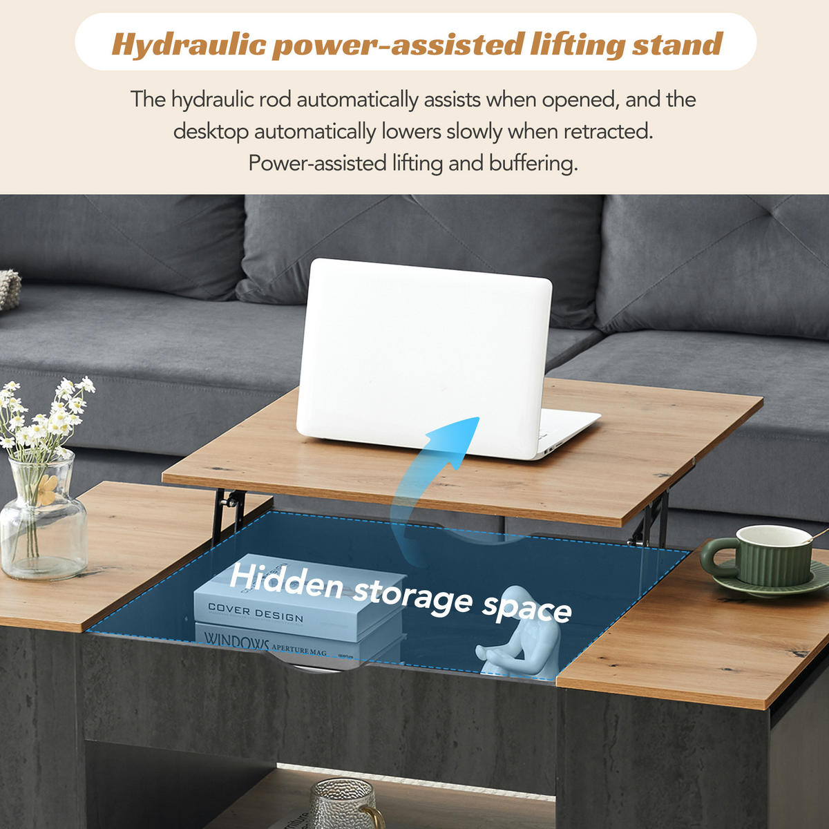 COUCHTISCH 109,5/59,7/43 cm grau braun aus Holzwerkstoff mit Liftfunktion und Stauraum - Grau, Holzwerkstoff (109.5/59.7/43cm) - OKWISH