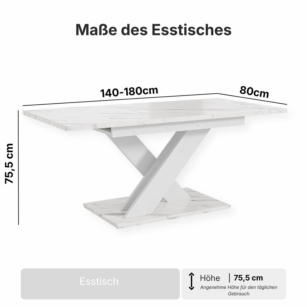 ESSTISCH Bianco Weiß Marmoptik Ausziehbar 140 - 180 cm - Weiß, Holzwerkstoff (140/80/75cm) - PROSPERO