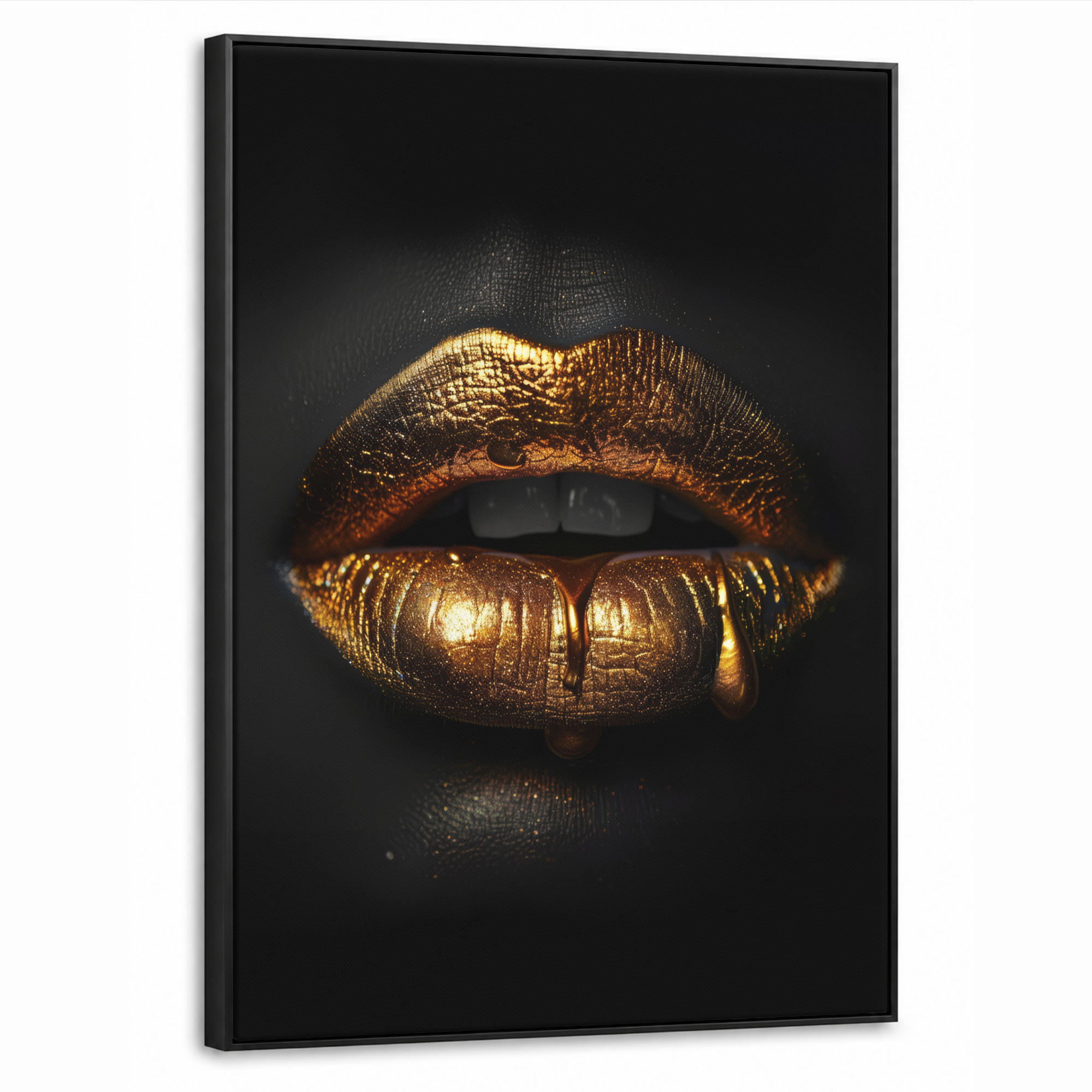 LEINWAND Bilder mit Rahmen - Frau - Porträt - Lippen - Gold - Schwarz - 70x100 - Schwarz, Textil (70/100cm) - MuchoWow