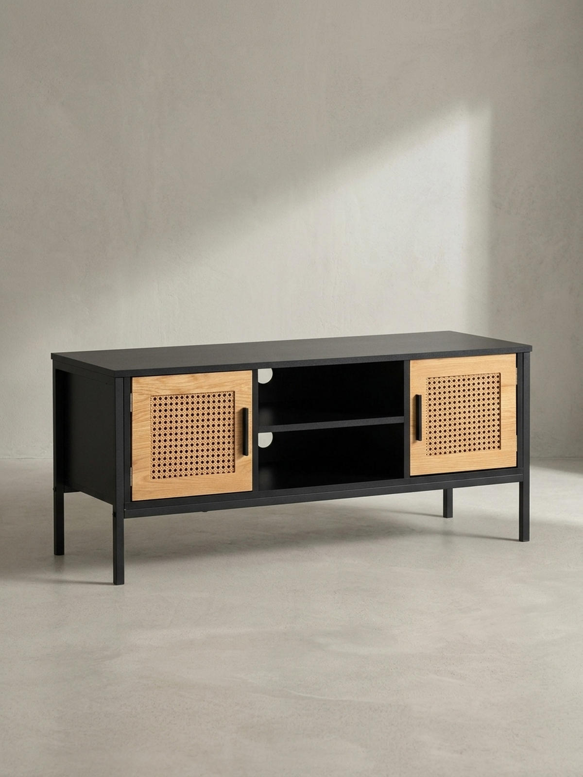 LOWBOARD Schwarz Eiche-Dekor Zeitloser Stil 110x48x40 cm mit Wiener Geflecht und Türen - Schwarz, Holzwerkstoff/Metall (110/48/40cm) - KADIMA DESIGN