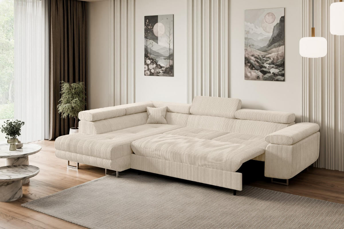 ECKSOFA mit Schlaffunktion und Bettkasten GUSA-L 272x202x107 cm Beige Cord - Beige/Silberfarben, Holzwerkstoff/Textil (202/272cm) - ALTDECOR