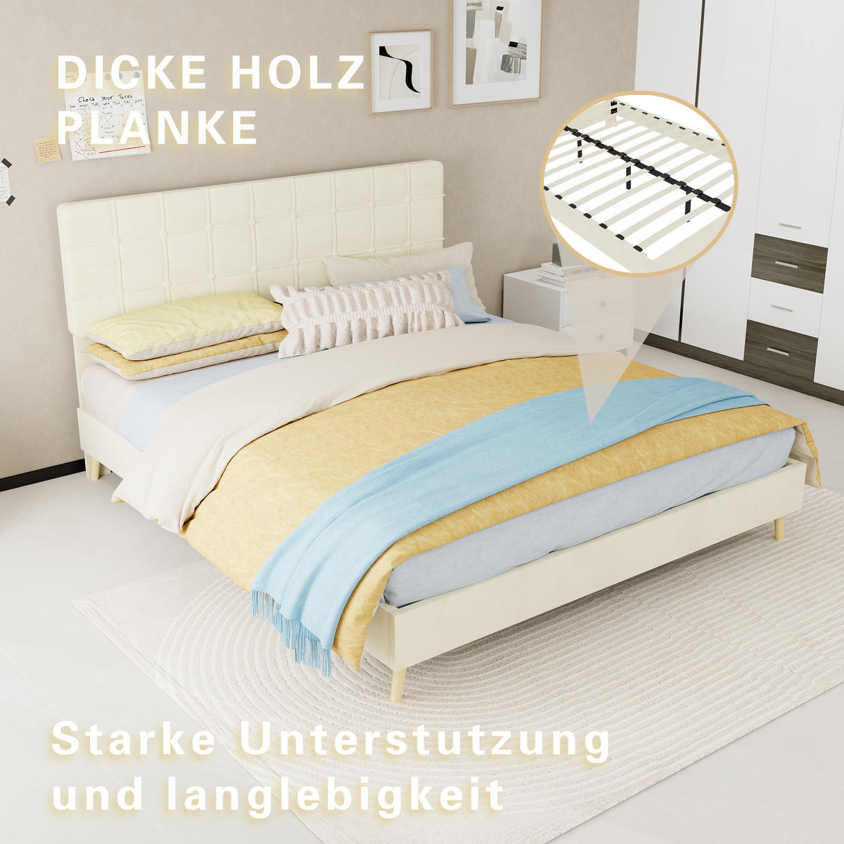 POLSTERBETT 160/200 cm DE-32943 mit Karosteppung-Kopfteil Beige - Beige, Metall (160/200cm) - ComfortXL