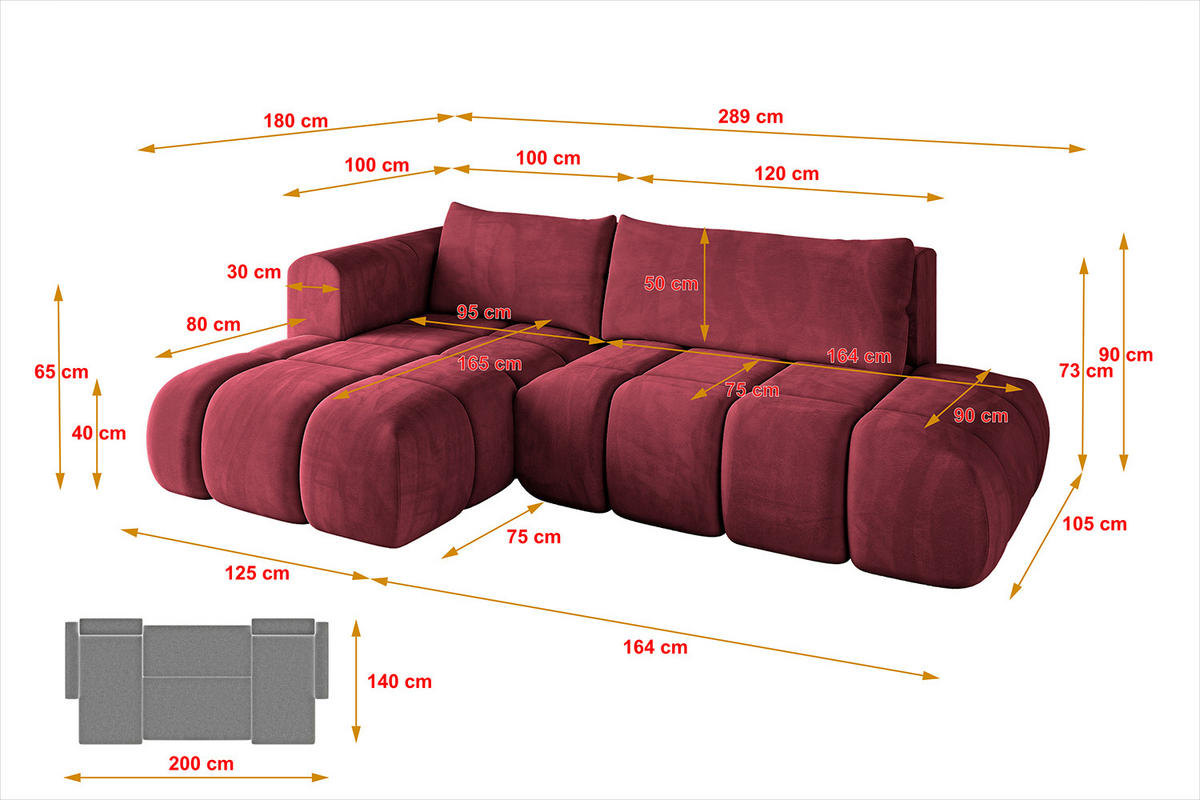 ECKSOFA Ottomane Links CLOUD-L 289x180x40 Bordeaux Velours - Bordeaux, Holzwerkstoff/Kunststoff (180/289cm) - ALTDECOR