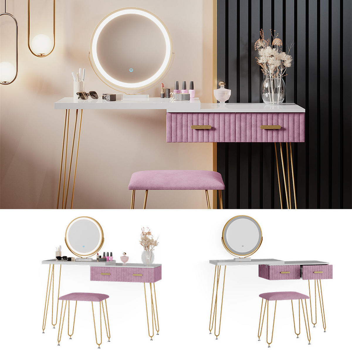 SCHMINKTISCH Zoey Rosa 120 cm mit LED Beleuchtung und Hocker - Pink, Holzwerkstoff (120/76/37cm) - Vicco