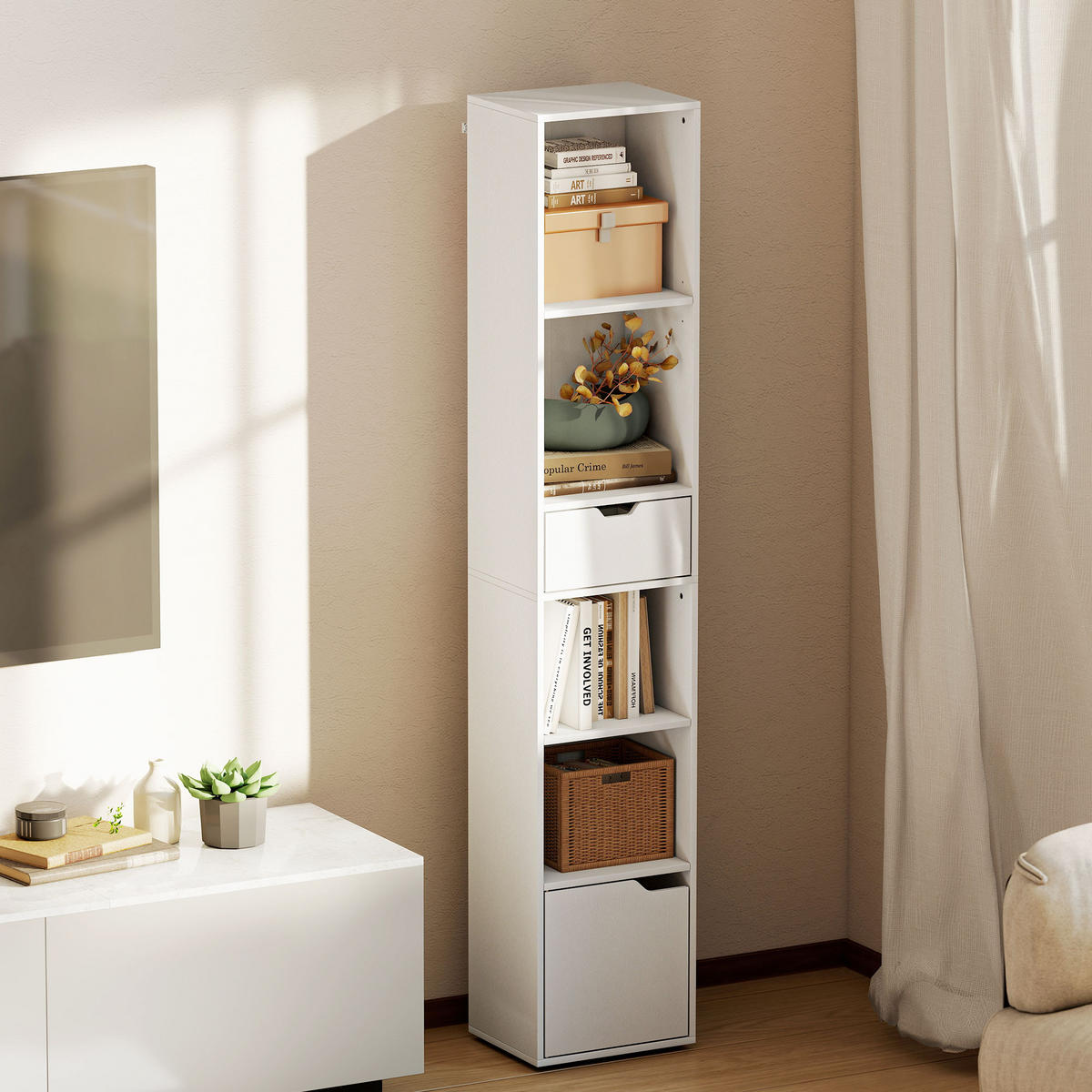 BÜCHERREGAL mit 6 Ebenen 3-stufig verstellbar mit Schublade Schranktür Weiß - Weiß, Holzwerkstoff (24/158/30cm) - HOMCOM