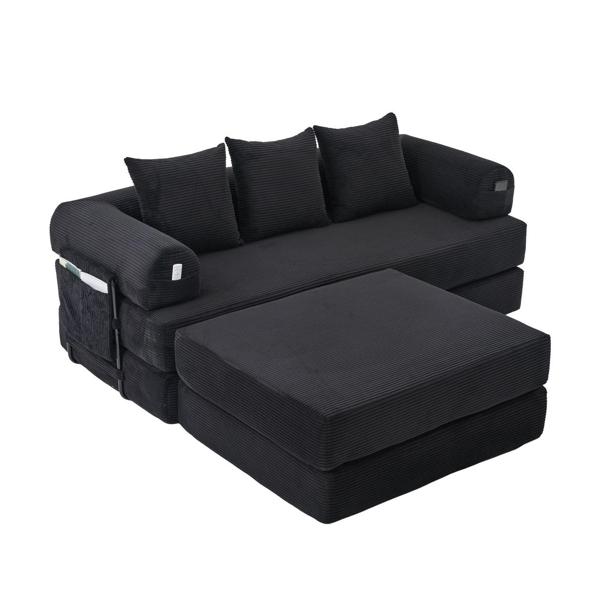 ECKSOFA DE-33795 modular mit 3 Kissen und Hocker Schwarz - Schwarz, Metall (200/190cm) - ComfortXL