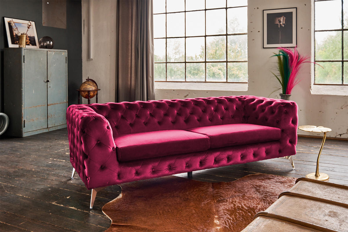 SOFA NARLA Pink Velvet - Pink/Silberfarben, Textil (219/68/84cm) - KAWOLA