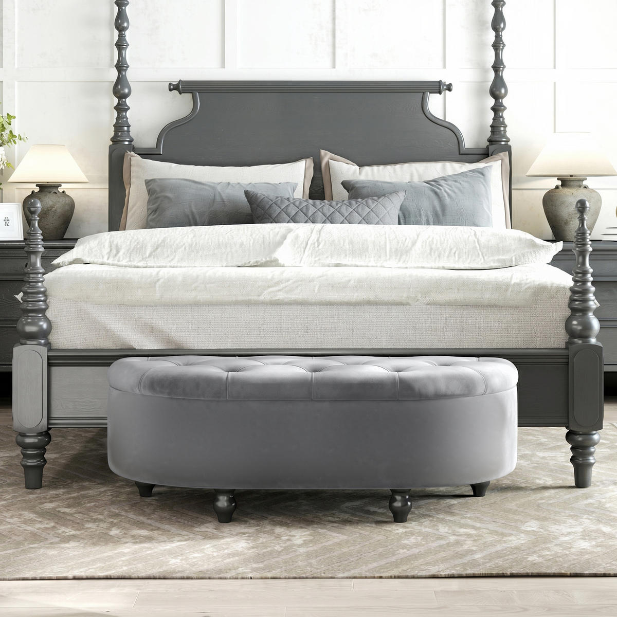 TRUHENBANK DE-07117 Samtoptik, Soft-Close Deckel Dunkelgrau - Dunkelgrau, Holz/Textil (46/42/120cm) - ComfortXL