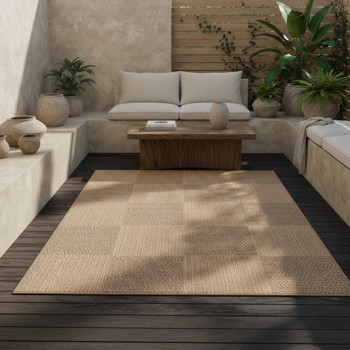 TEPPICH In-/Outdoor Jute-Optik Flachgewebe Kariert Polypropylen Beige Rechteckig 280x370 - Beige, Textil (280/370cm) - KADIMA DESIGN