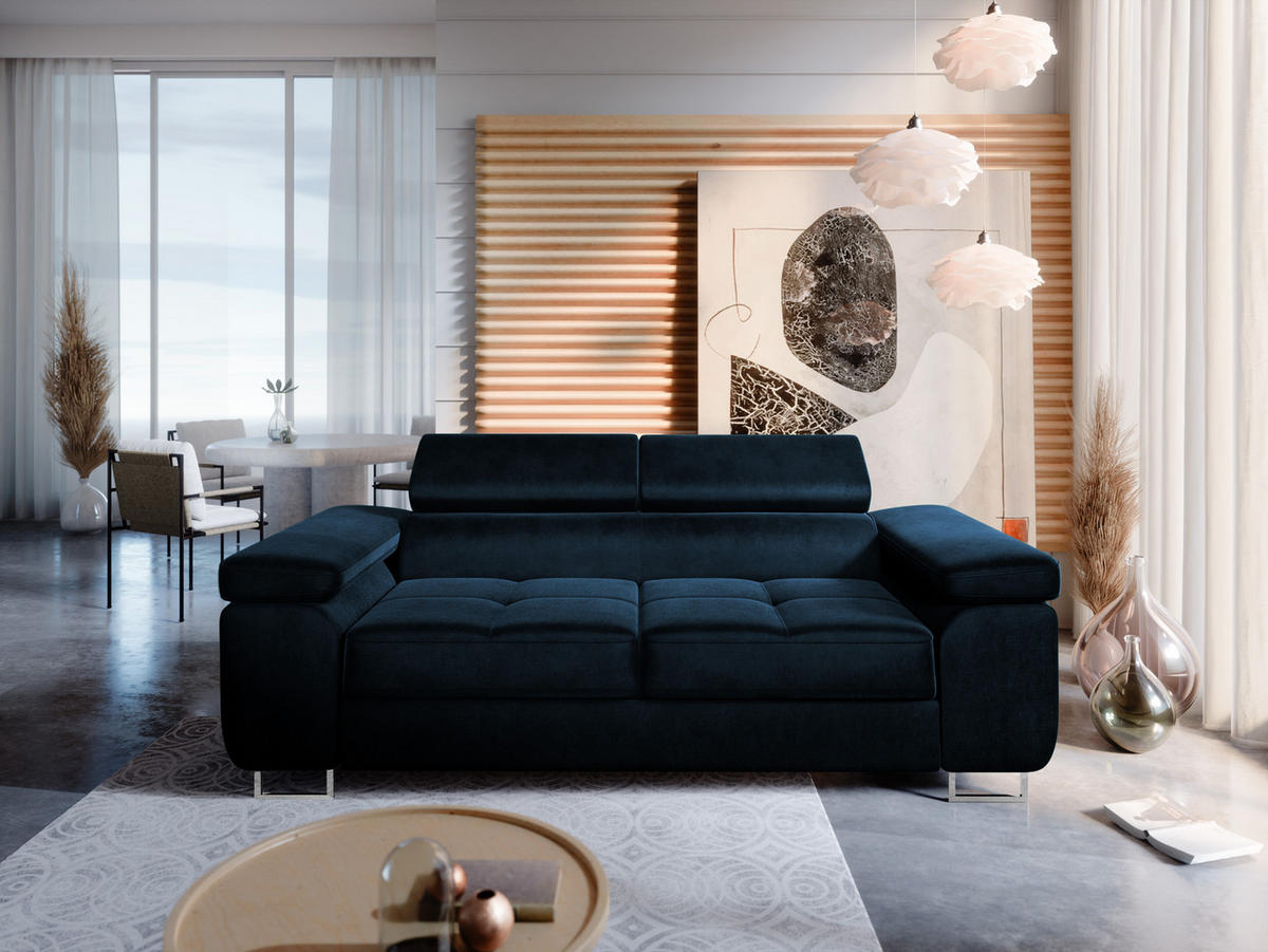 2-SITZER-SOFA WILD mit Verstellbare Kopfstützen Velours Dunkelblau - Chromfarben/Dunkelblau, Holz/Textil (209/89/102cm) - Muffo