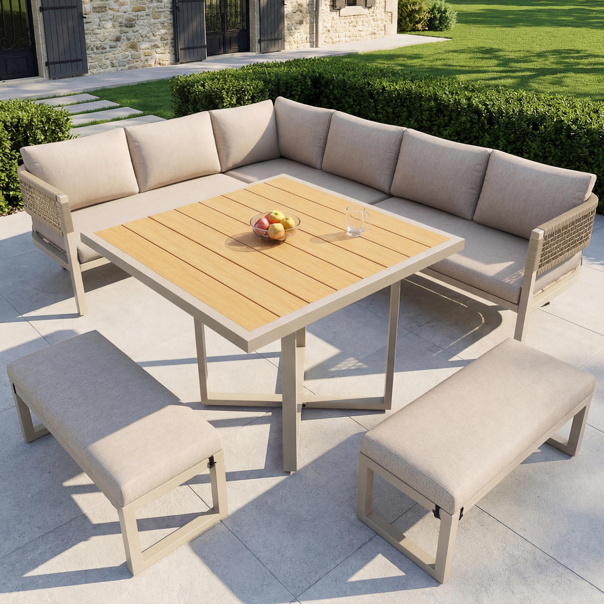 GARTENLOUNGESET für 8–10 Personen mit großem Esstisch in Holzoptik - Beige, Metall - ComfortXL