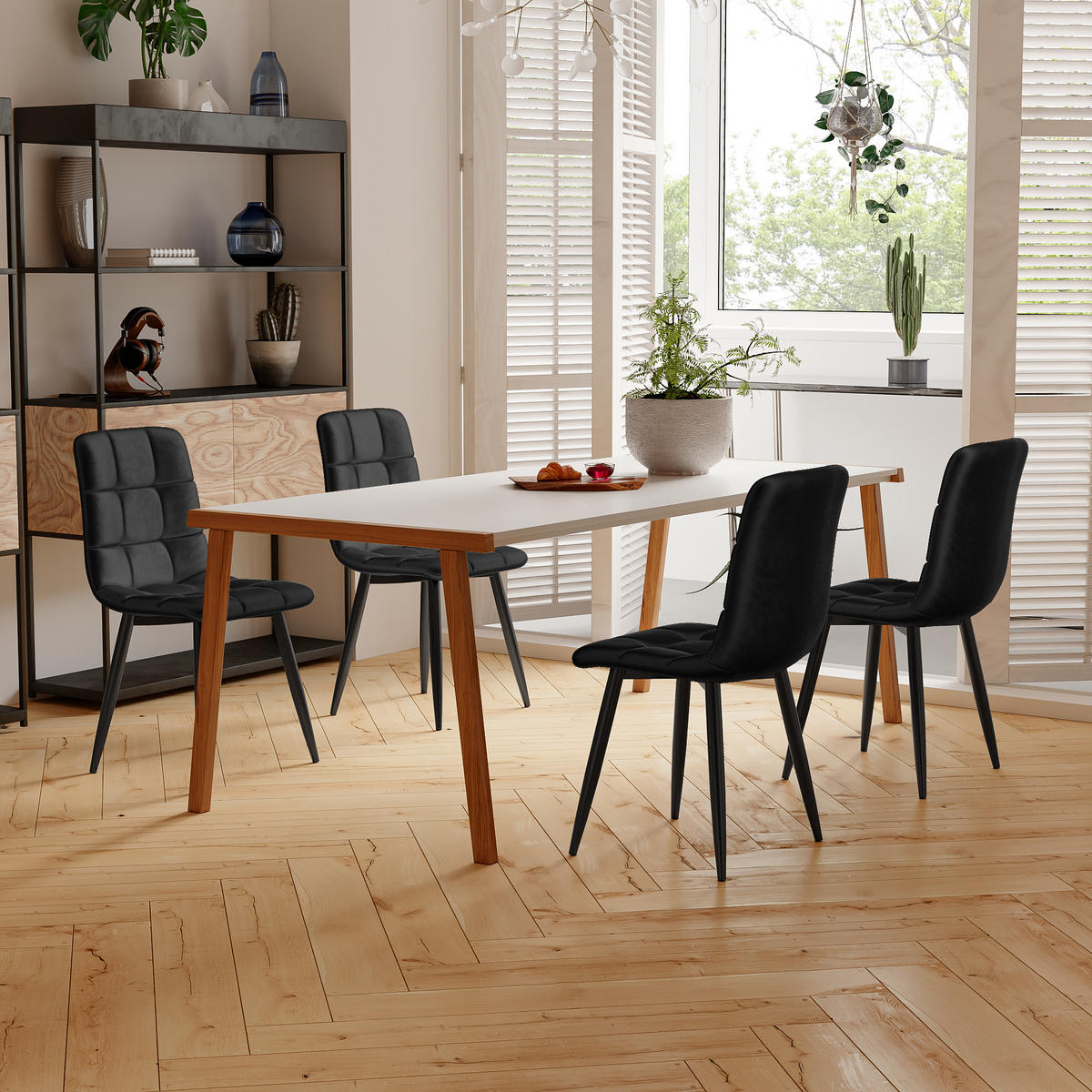 VIERFUSSSTÜHLE 4er-Set Esszimmerstühle, mit gepolsterten Rückenlehnen, Sitzflächen aus Samt, Metallgestell--OHNE Tisch - Schwarz, Holz (44/86/46cm) - WoodenAura