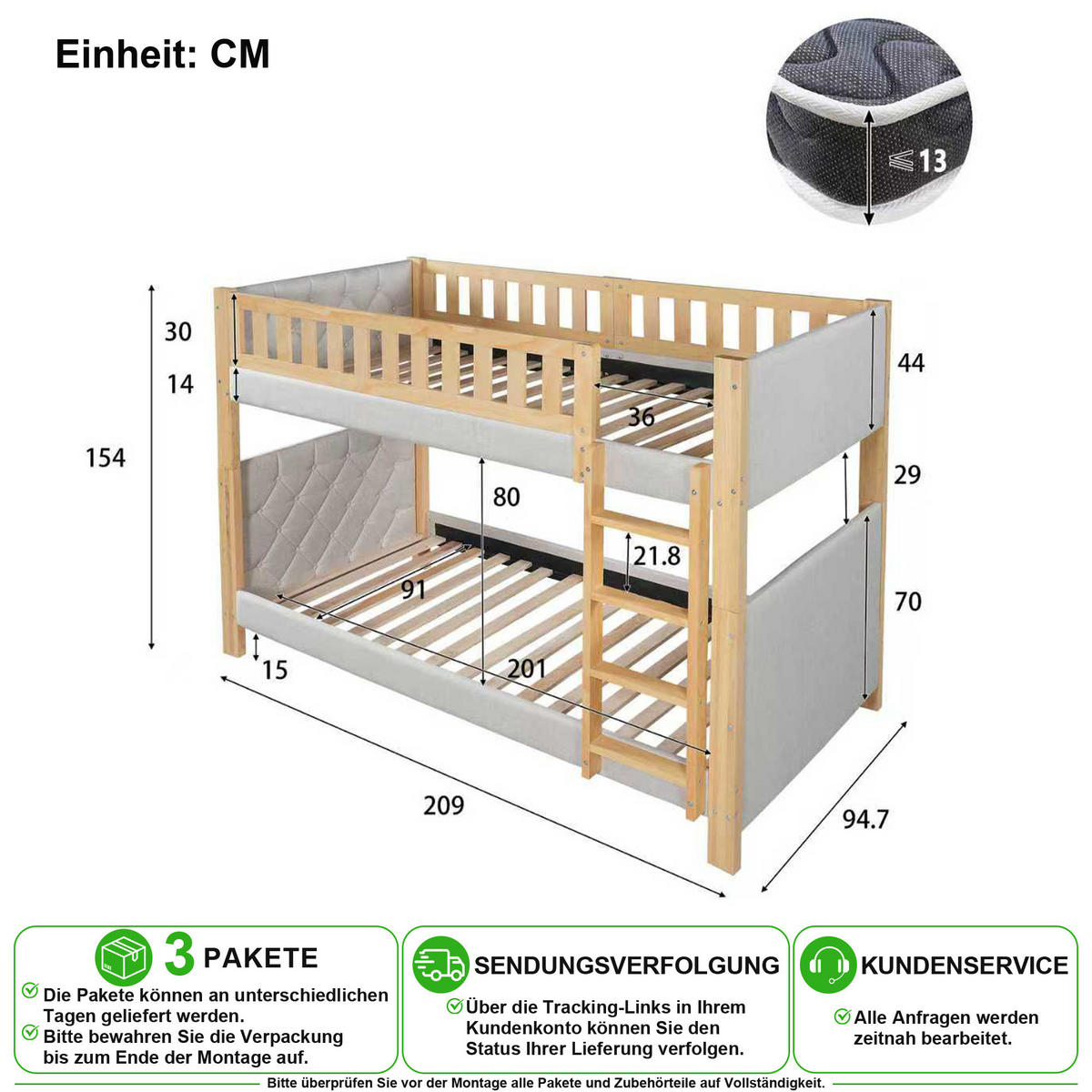 ETAGENBETT 90/200 cm in Grau & Natur mit Treppe und Absturzsicherung - Grau, Holz/Holzwerkstoff (90/200cm) - CHICFURN