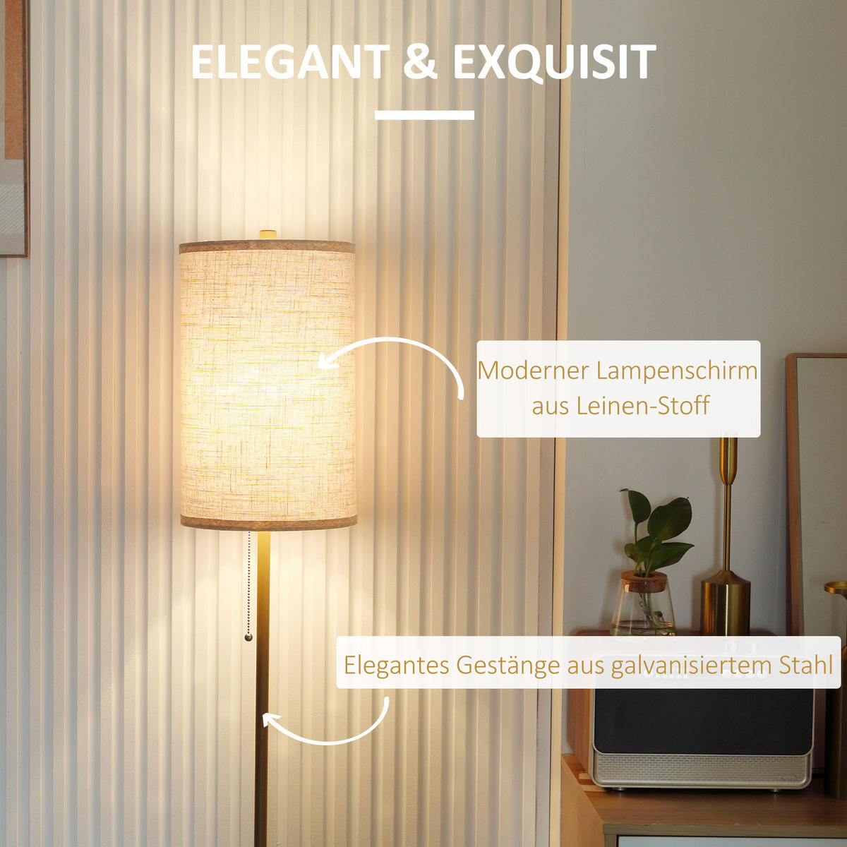 STEHLEUCHTE 157cm Stehlampe-Wohnzimmer cremeweiß mit Leinen-Lampenschirm und Zugschalter - Goldfarben, Metall (25.5/25.5/157cm) - Raelunyi