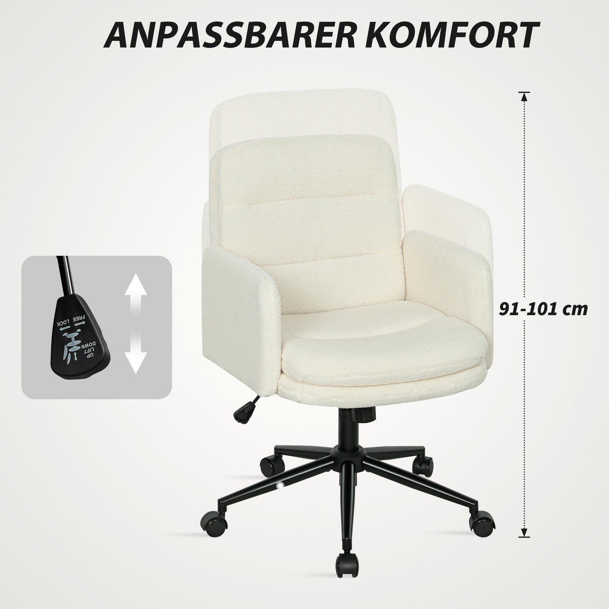 SCHREIBTISCHSTUHL höhenverstellbar Homeoffice Stuhl mit Bouclé-Optik, Cremeweiß - Creme/Schwarz, Textil/Metall (61.5/101/65cm) - HOMCOM